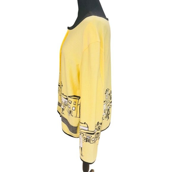 Koret XL Yellow Black Novelty Cardigan Cityscape Print Cotton Artsy Boho Travel - Picture 4 of 11